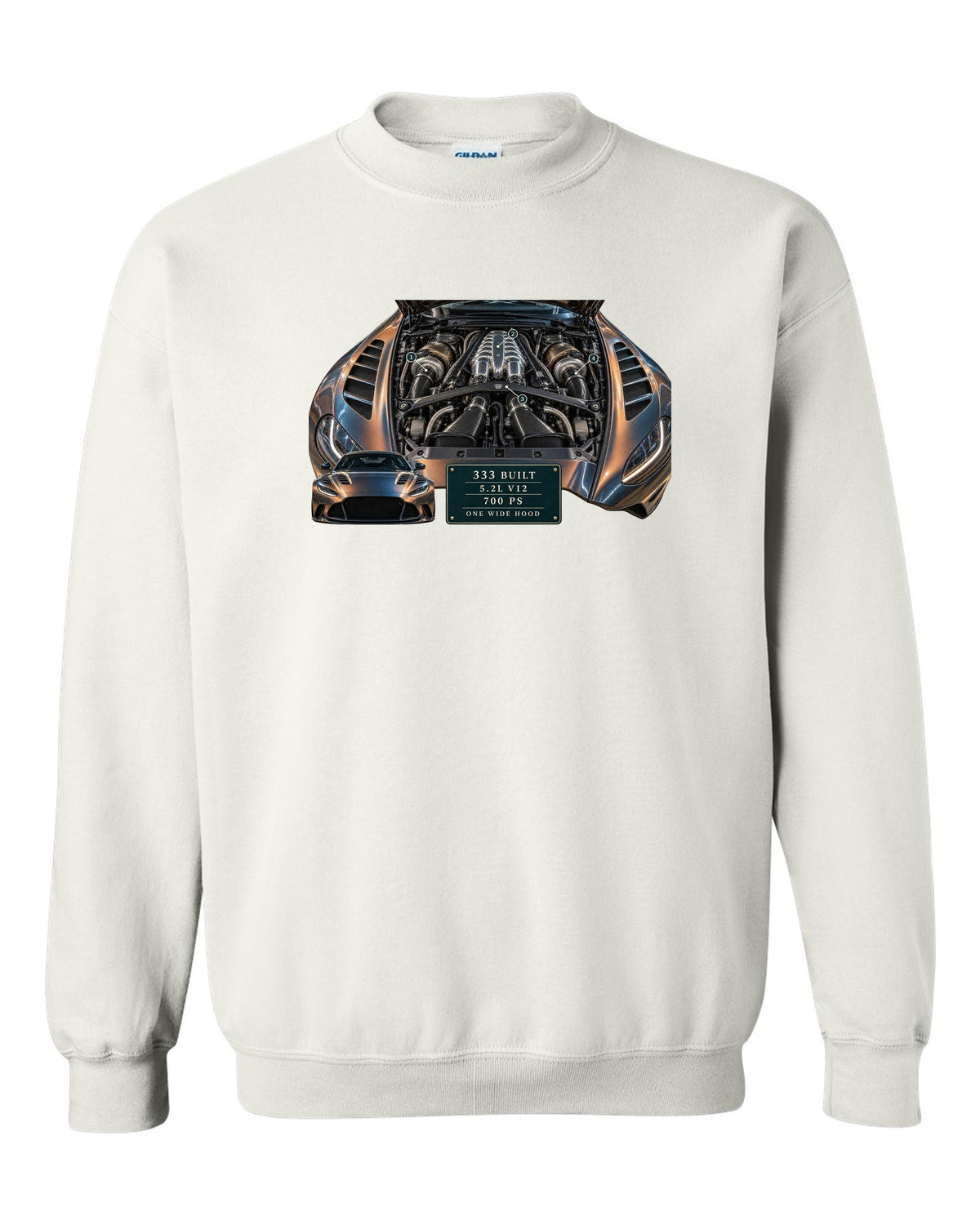 Aston Martin V12 Vantage 2022 engine hero print with 333 built 5.2L V12 700 PS text white crewneck front view with the design