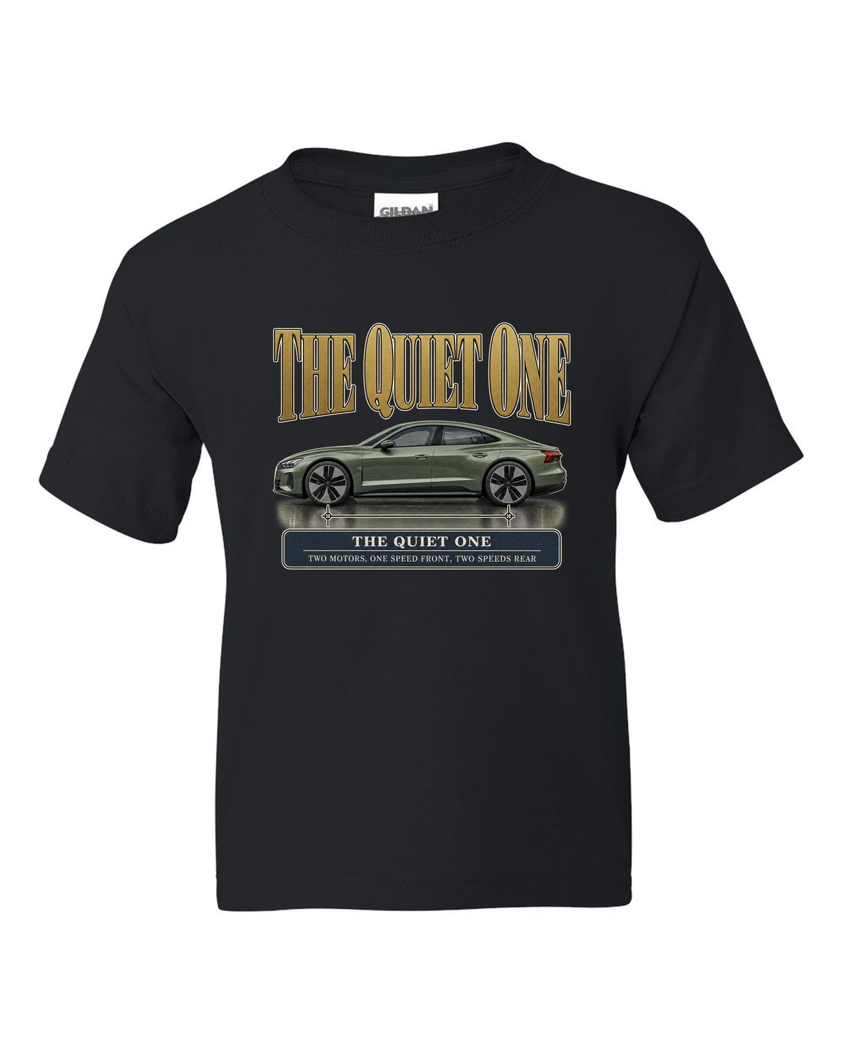 Audi e-tron GT quattro profile editorial headline print design black kids tee front view with the design