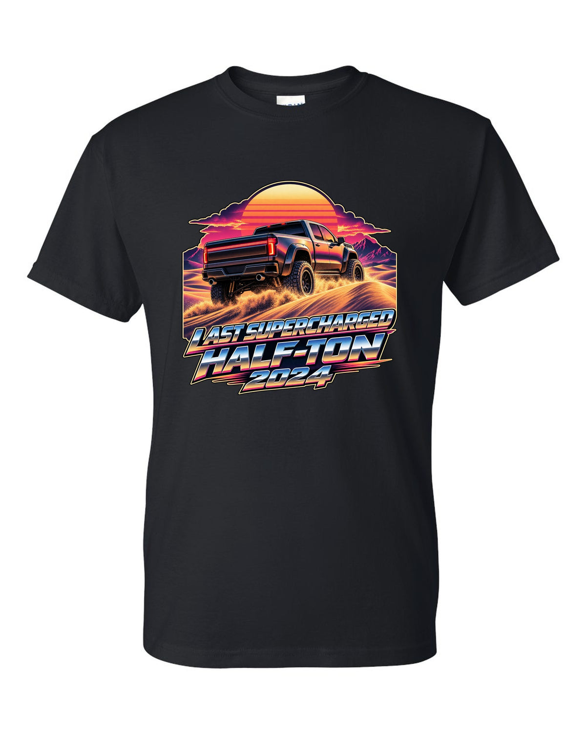 Retro 80s sunset print of a Ram 1500 TRX Final Edition on dunes black t-shirt front view with the design