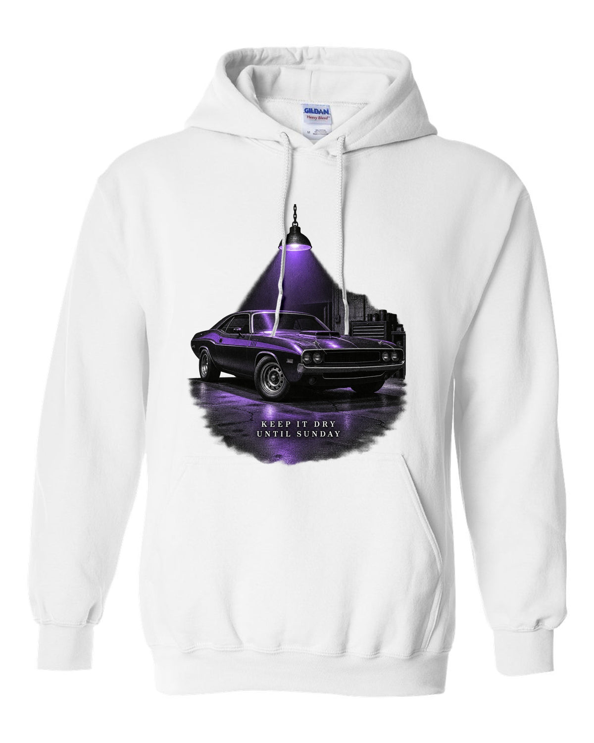 Garage night print of a Plum Crazy 1970 Dodge Challenger R/T with keep it dry until Sunday text white pull over hoodie front view with the design