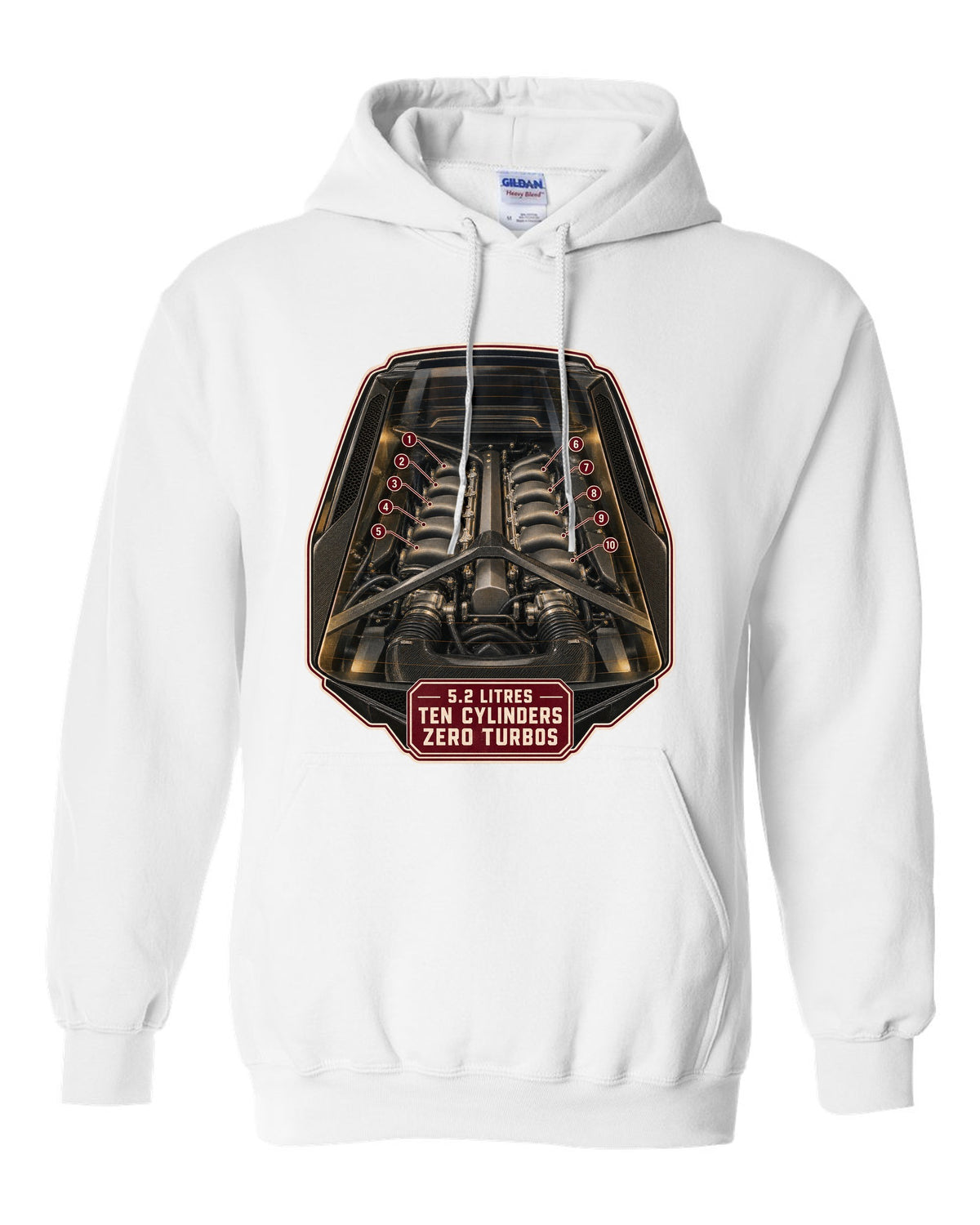 Audi R8 V10 plus Type 4S mid-engine bay hero print design white pull over hoodie front view with the design