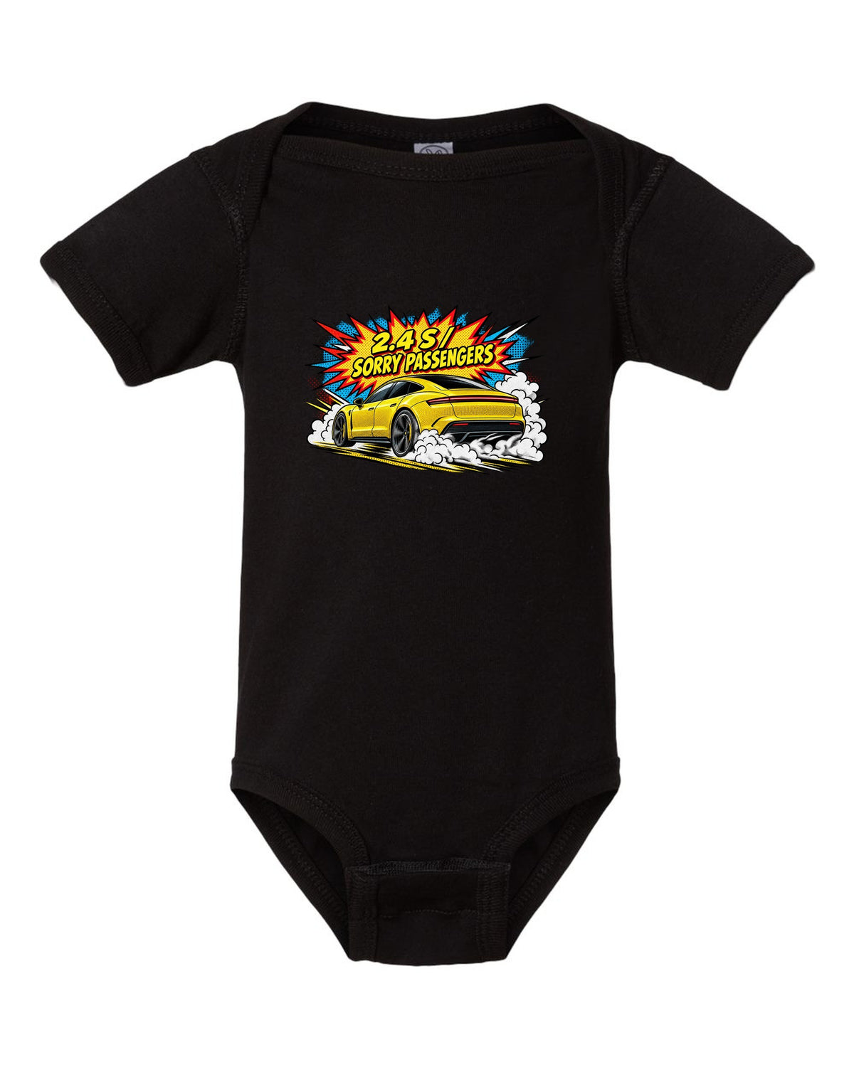 Porsche Taycan Turbo S 9J1 comic halftone pop-art launch print with the text 2.4 s sorry passengers black baby onesie front view with the design