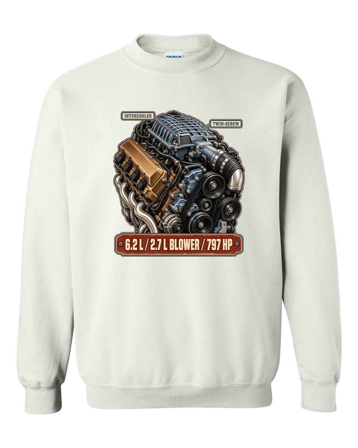 print of the supercharged 6.2L V8 from a Dodge Charger SRT Hellcat Redeye white crewneck front view with the design