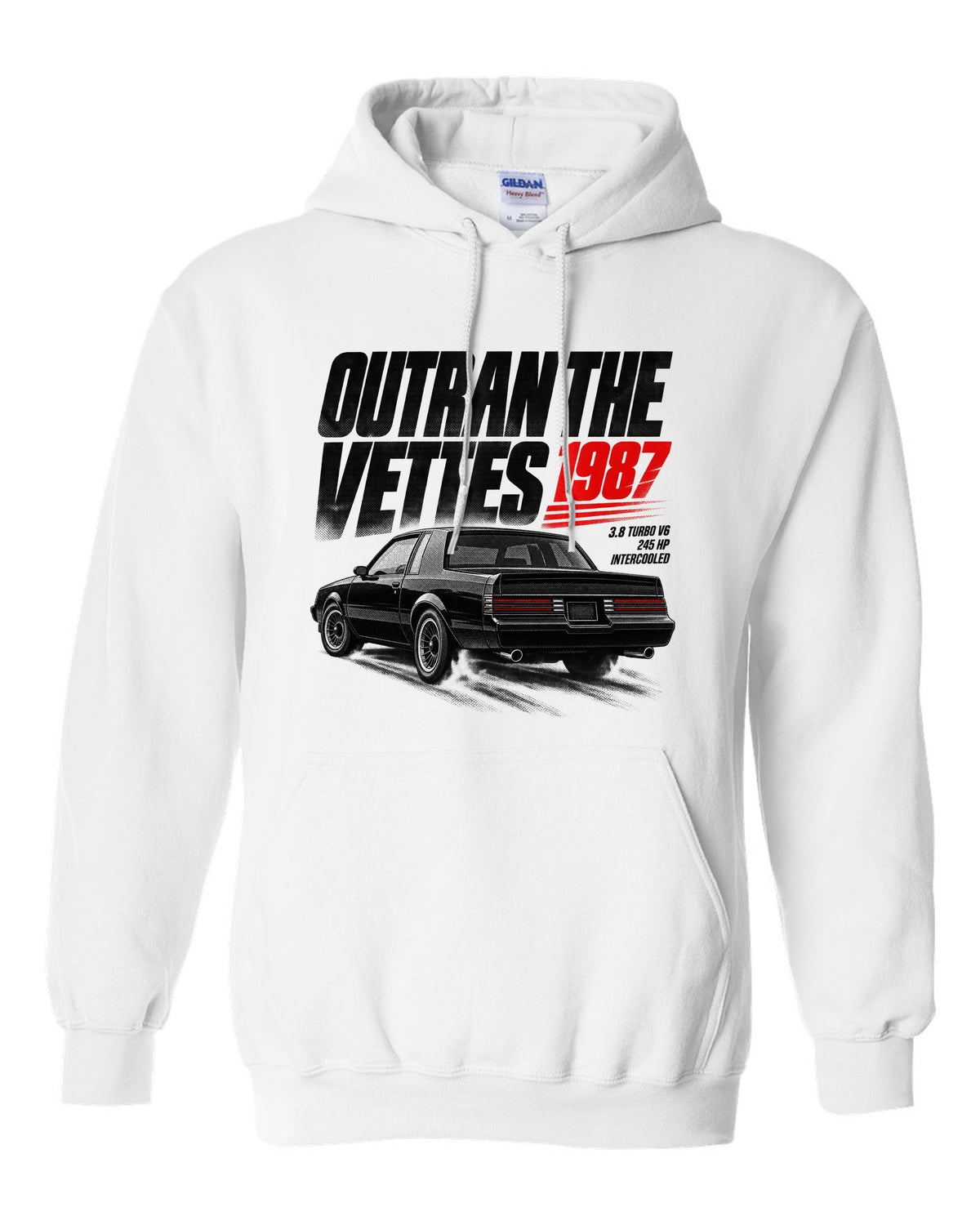 print halftone of a 1987 Buick Regal GN with outran the Vettes lettering white pull over hoodie front view with the design