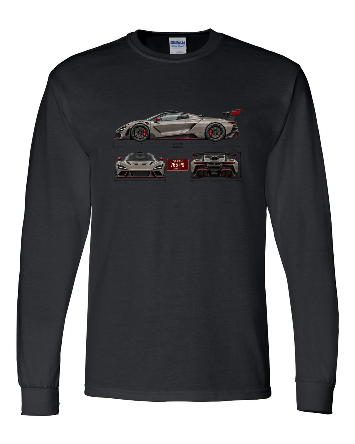 Three-view spec print of a McLaren 765LT, 765 built, 765 PS black long sleeve front view with the design