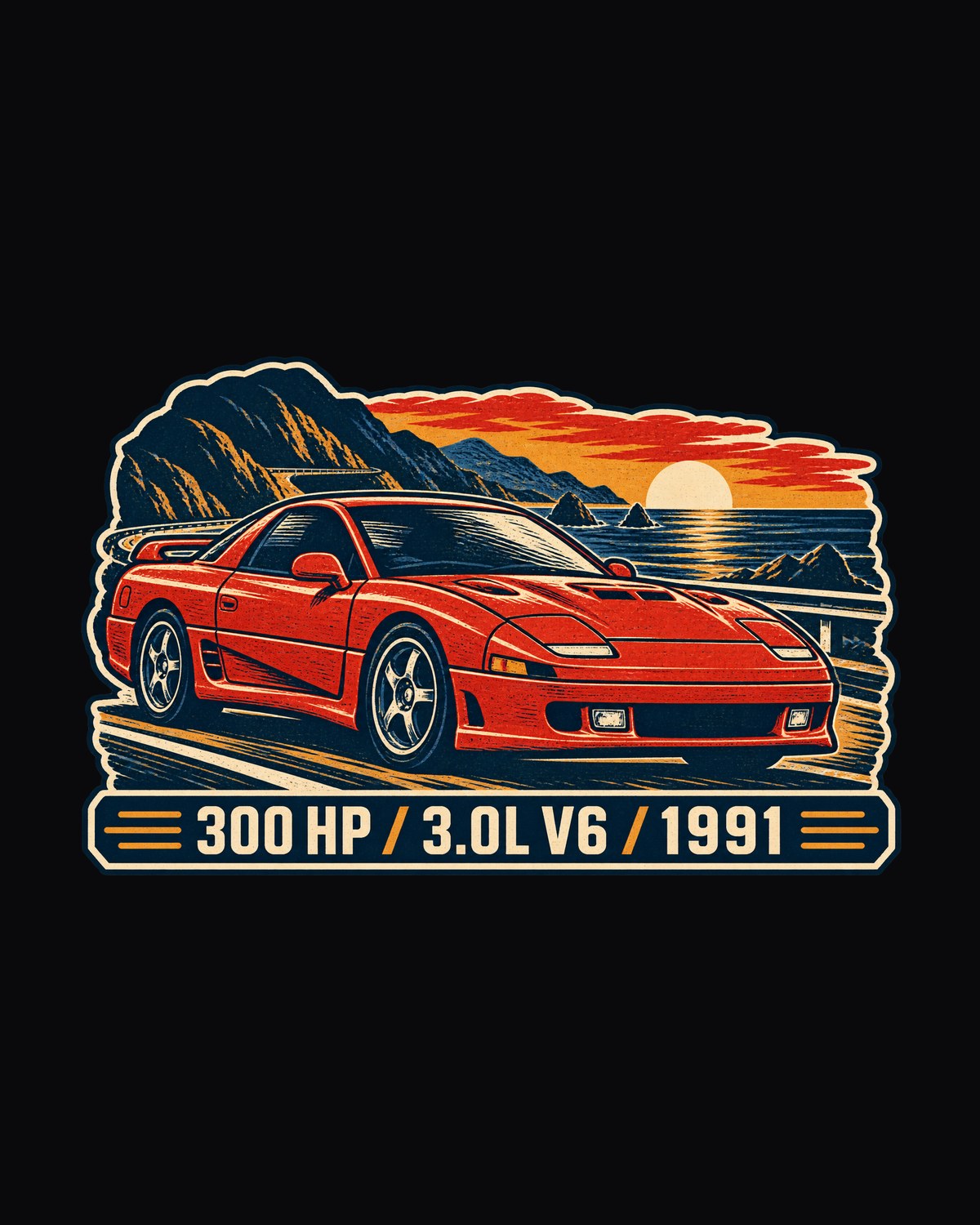 Twin Turbo Linocut Shirt, Mitsubishi 3000GT VR-4 V6, 1991 design only