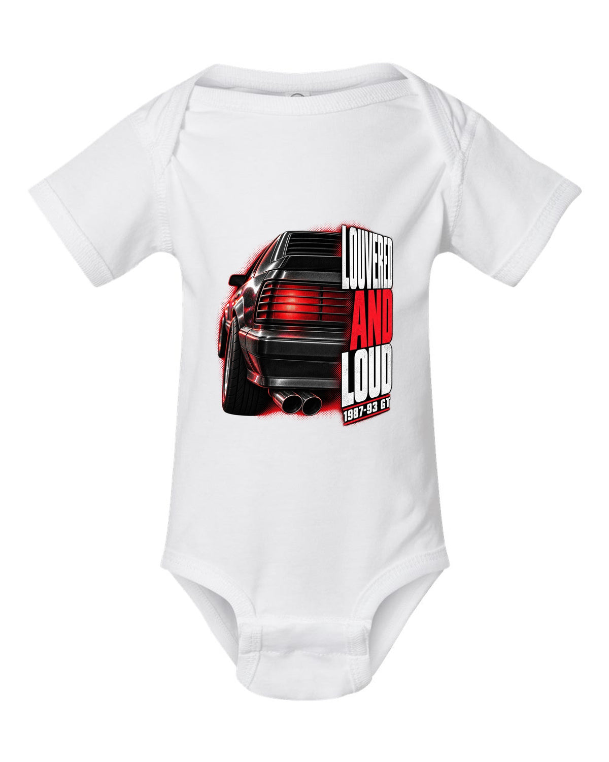 Macro print of a Ford Mustang Fox Body GT louvered taillight, 1987-93 white baby onesie front view with the design