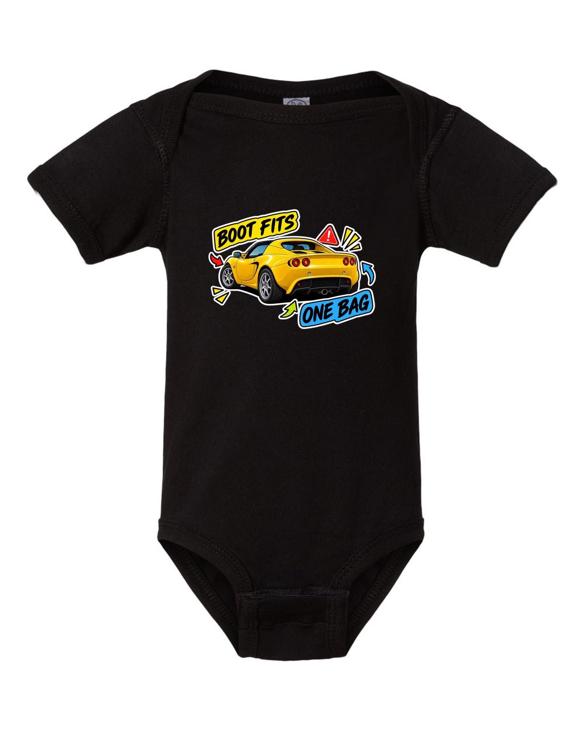 Lotus Elise S2 sticker bomb collage with BOOT FITS ONE BAG lettering black baby onesie front view with the design