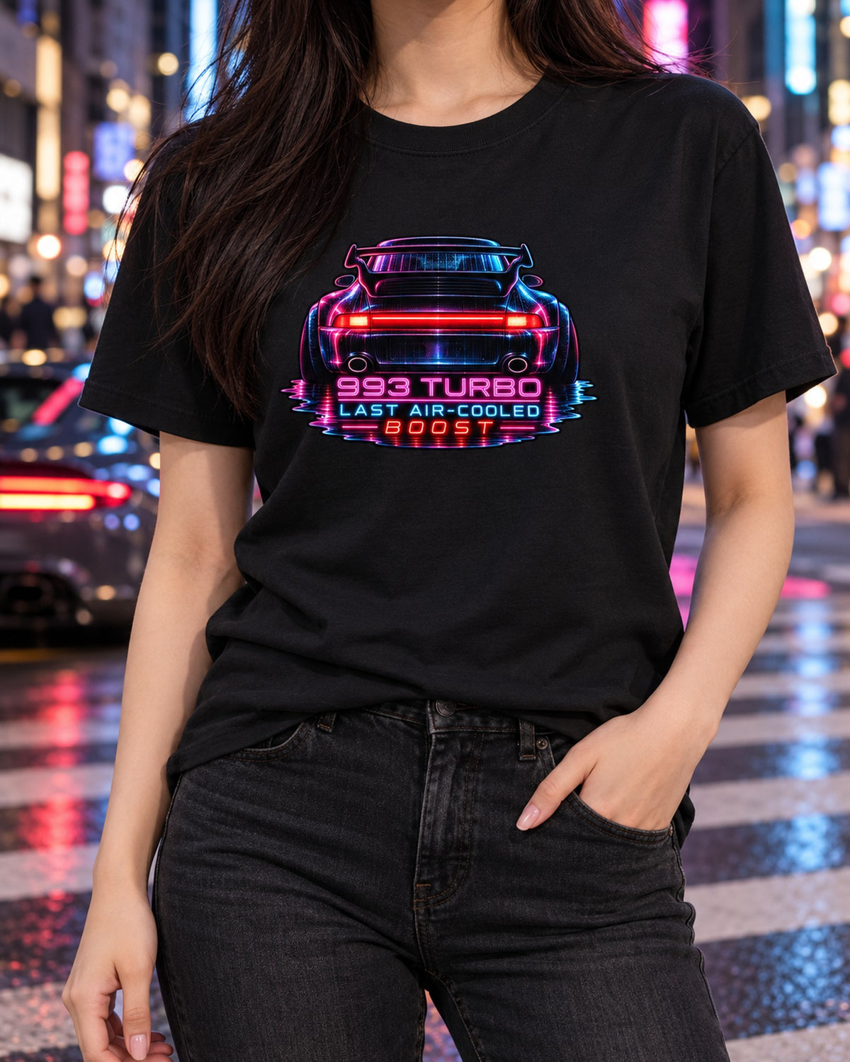 Neon Noir Porsche 993 Turbo Shirt, Last Air-Cooled Car Tee T-Shirt Black worn hero