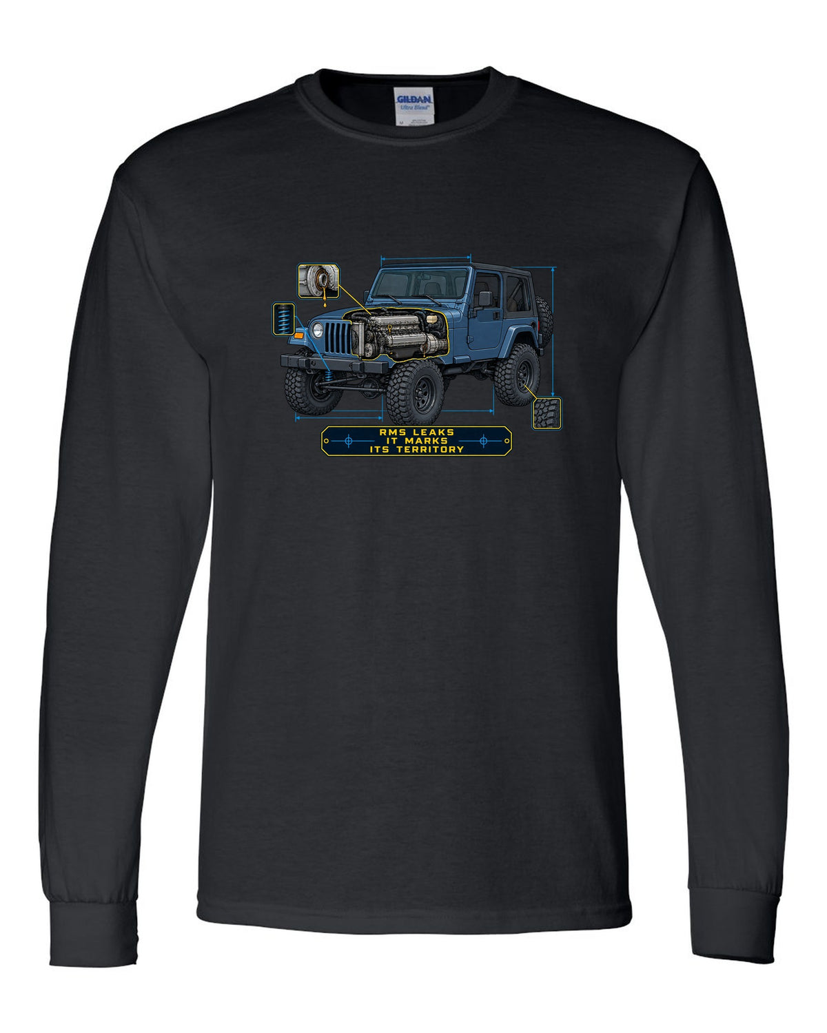 Blueprint style engine cutaway of a Jeep Wrangler TJ with RMS LEAKS IT MARKS ITS TERRITORY lettering black long sleeve front view with the design