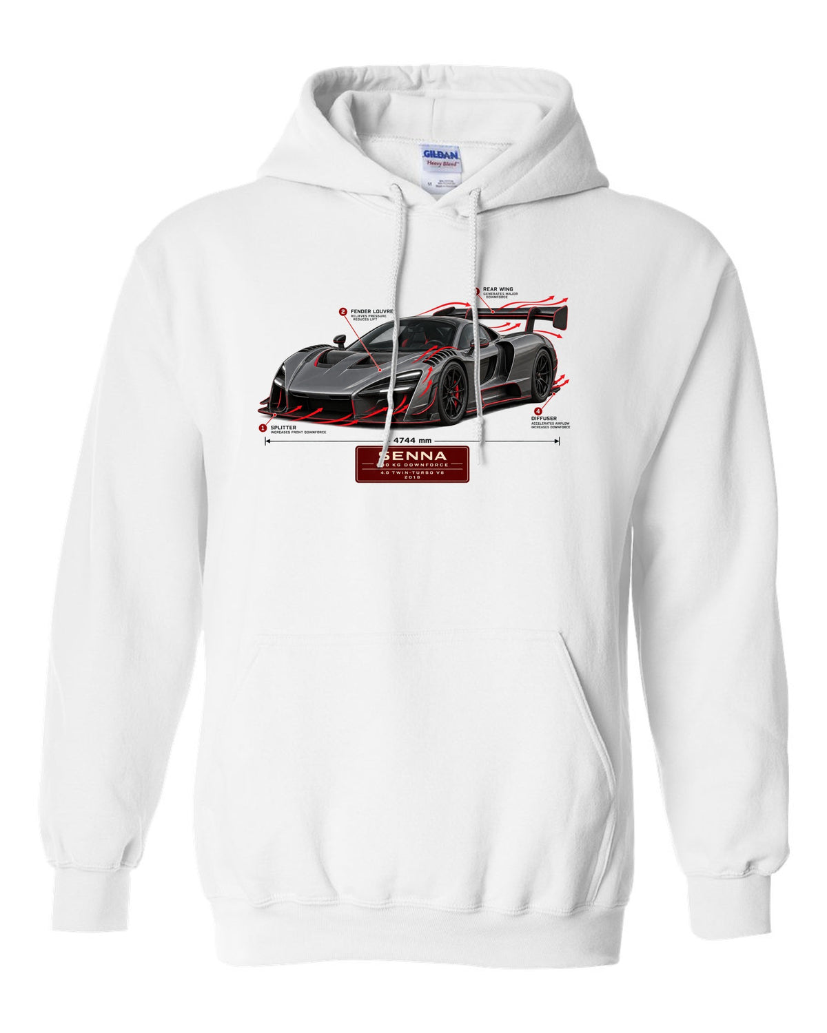 Aero callout print of a McLaren Senna showing 800 kg downforce white pull over hoodie front view with the design