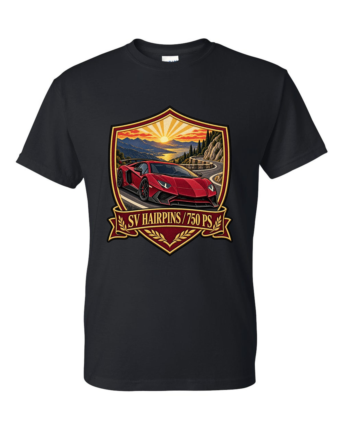 Embroidery-style shield crest of a Lamborghini Aventador LP750-4 SV on a golden hour hairpin black t-shirt front view with the design