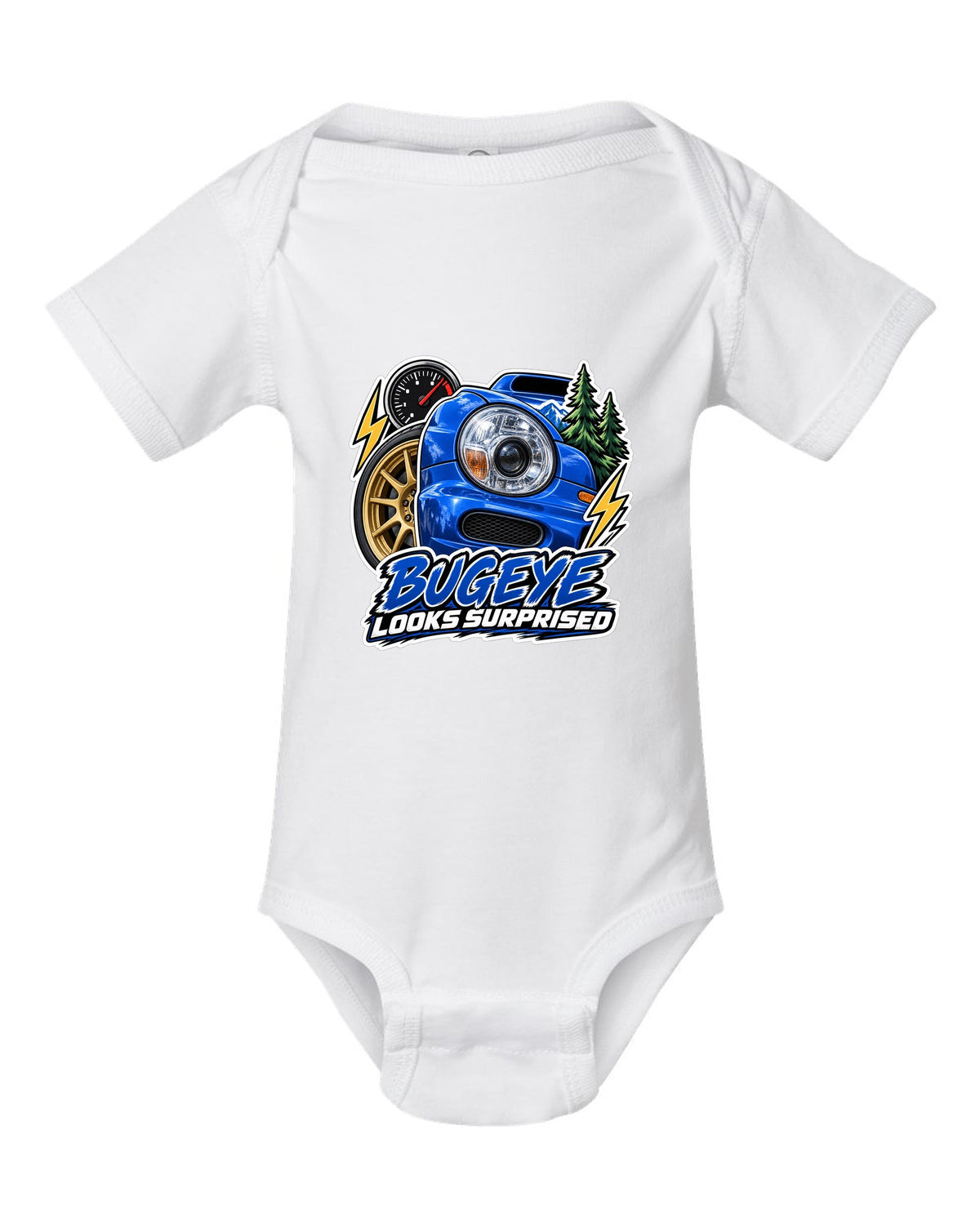 Sticker-bomb collage of a Subaru Impreza WRX GDB Bugeye white baby onesie front view with the design