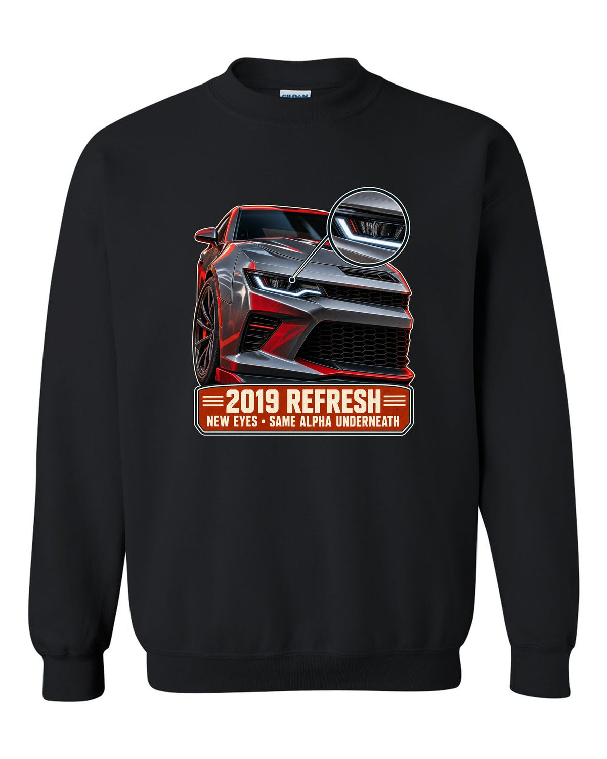 Macro detail print of a 2019 Chevrolet Camaro SS refresh black crewneck front view with the design