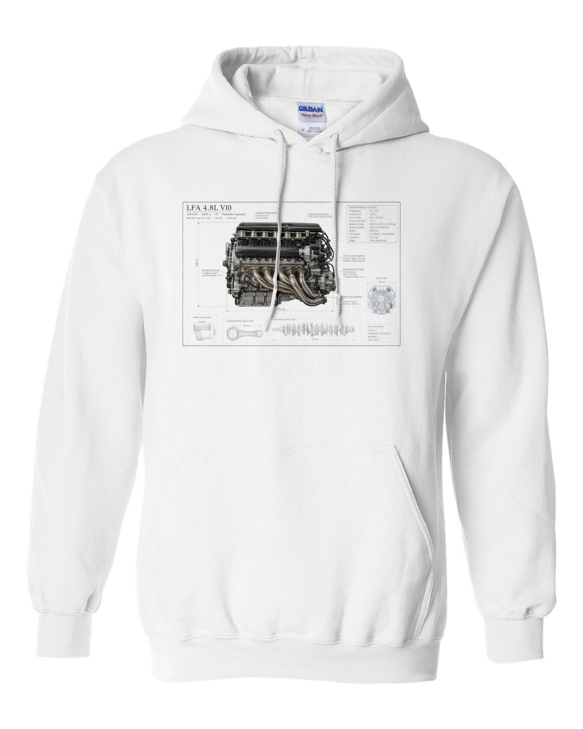 Aero cutaway callouts on the Lexus LFA Nurburgring Package white pull over hoodie front view with the design