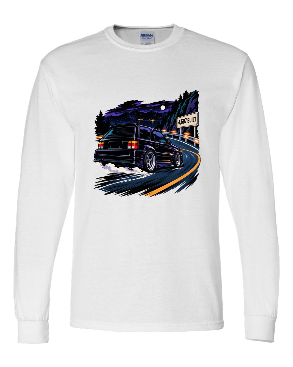 Cel-shaded 90s anime night touge scene with a 1992-93 GMC Typhoon and 4,697 BUILT text white long sleeve front view with the design