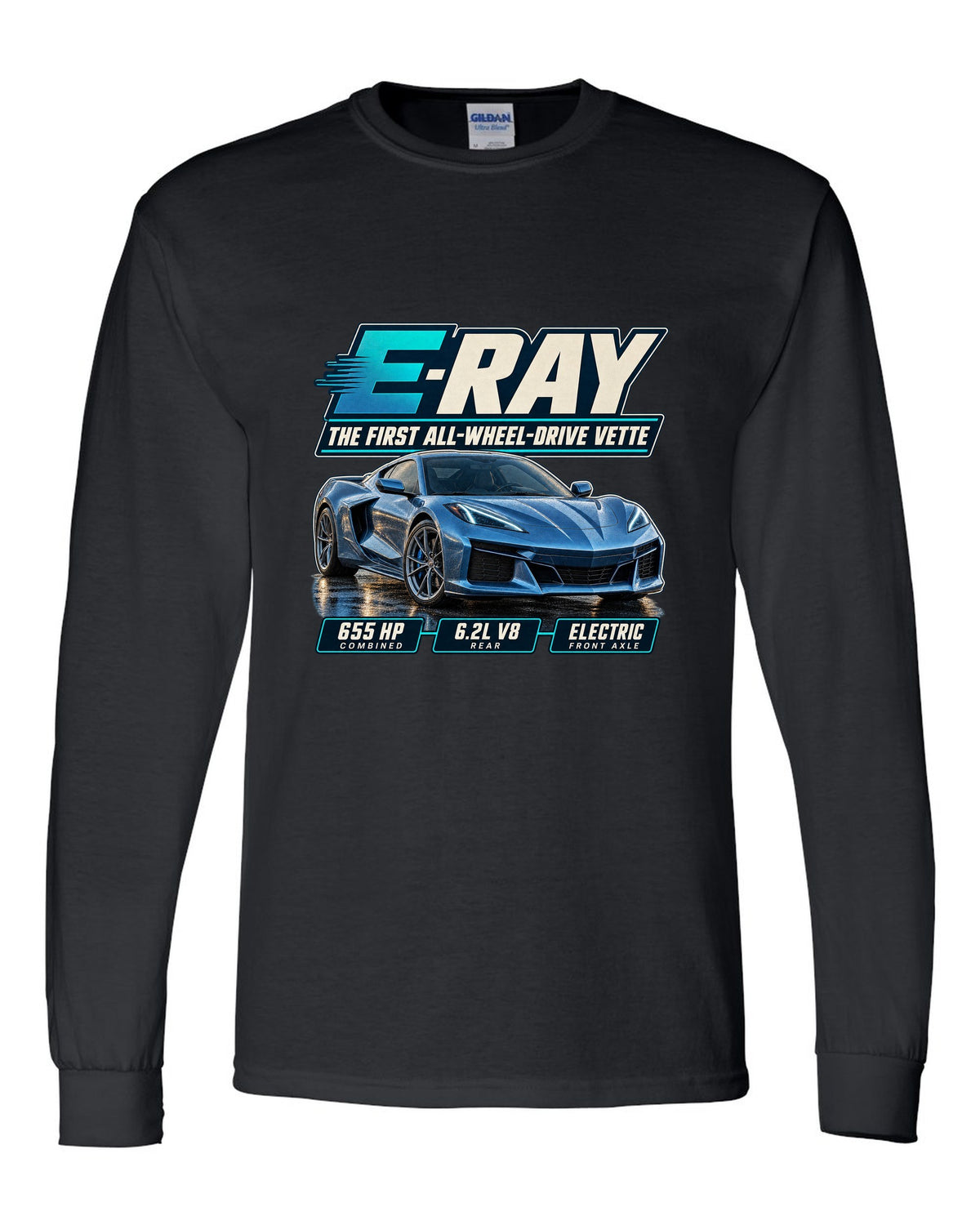 Editorial headline print of a Chevrolet Corvette C8 E-Ray, the first all-wheel-drive Vette black long sleeve front view with the design