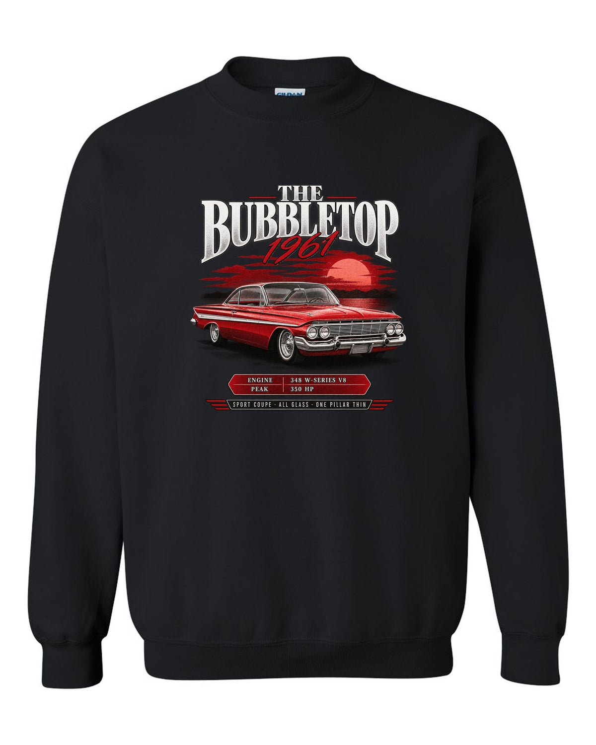 1961 Impala Sport Coupe bubbletop archive panel print with 348 V8 callouts black crewneck front view with the design