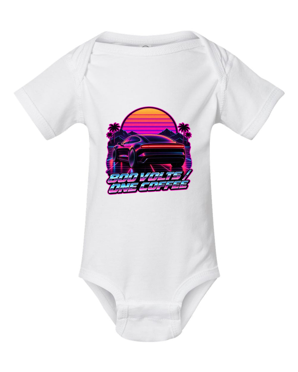 Porsche Taycan Turbo S 9J1 synthwave outrun light bar print with the text 800 volts one coffee white baby onesie front view with the design