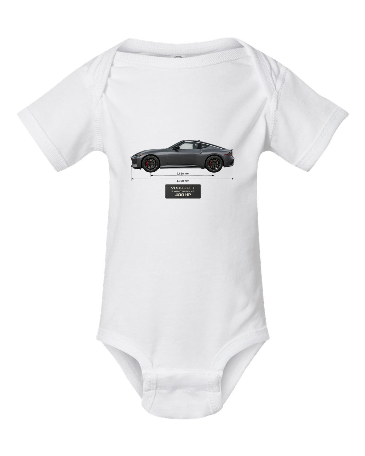 2024 Nissan Z NISMO dossier panels showing 420 hp and 384 lb-ft white baby onesie front view with the design
