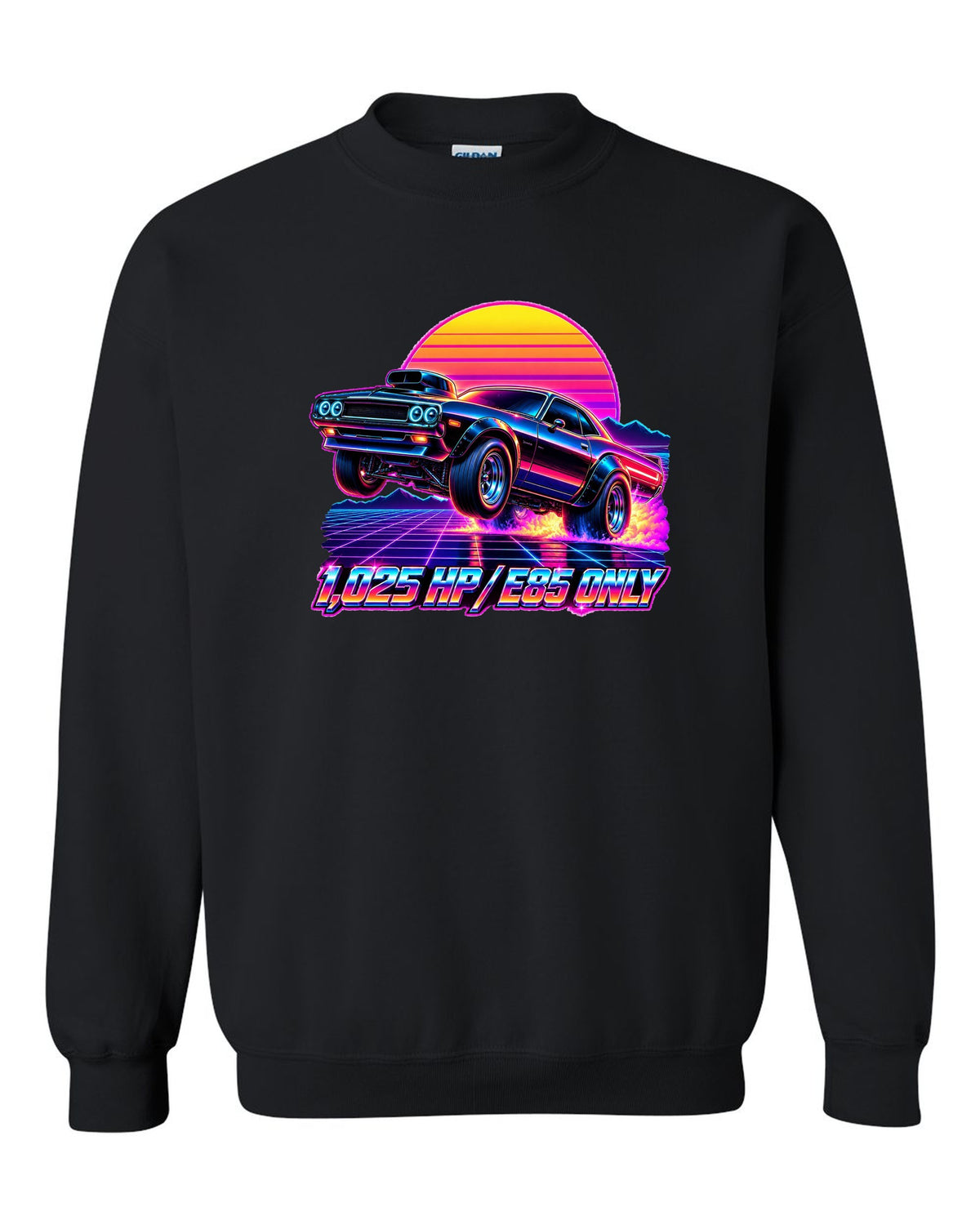 2023 Dodge Challenger Demon 170 synthwave neon outrun print with 1,025 HP E85 Only text black crewneck front view with the design