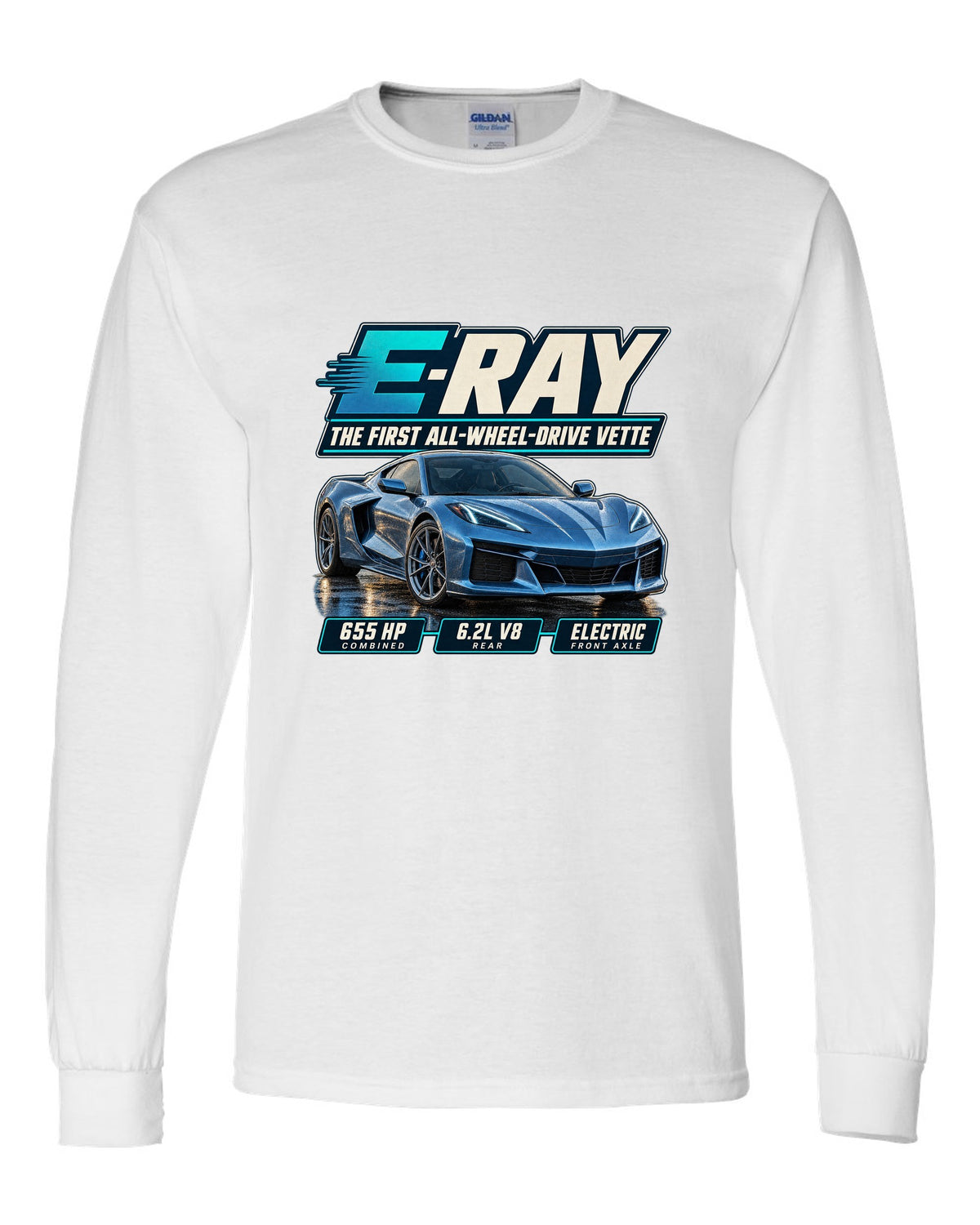 Editorial headline print of a Chevrolet Corvette C8 E-Ray, the first all-wheel-drive Vette white long sleeve front view with the design