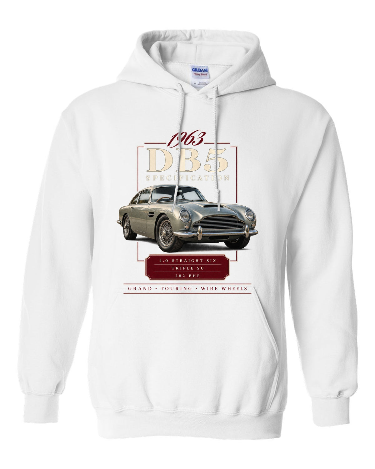 Aston Martin DB5 wire wheel archive specification panel white pull over hoodie front view with the design