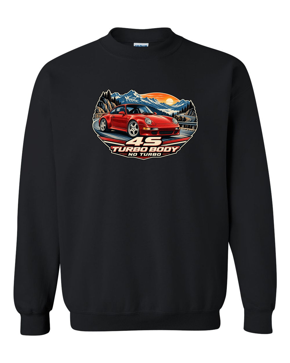 Shield crest print of a 1973 Porsche 911 Carrera RS 2.7 ducktail with the text RS 2.7, 210 PS and 975 KG black crewneck front view with the design