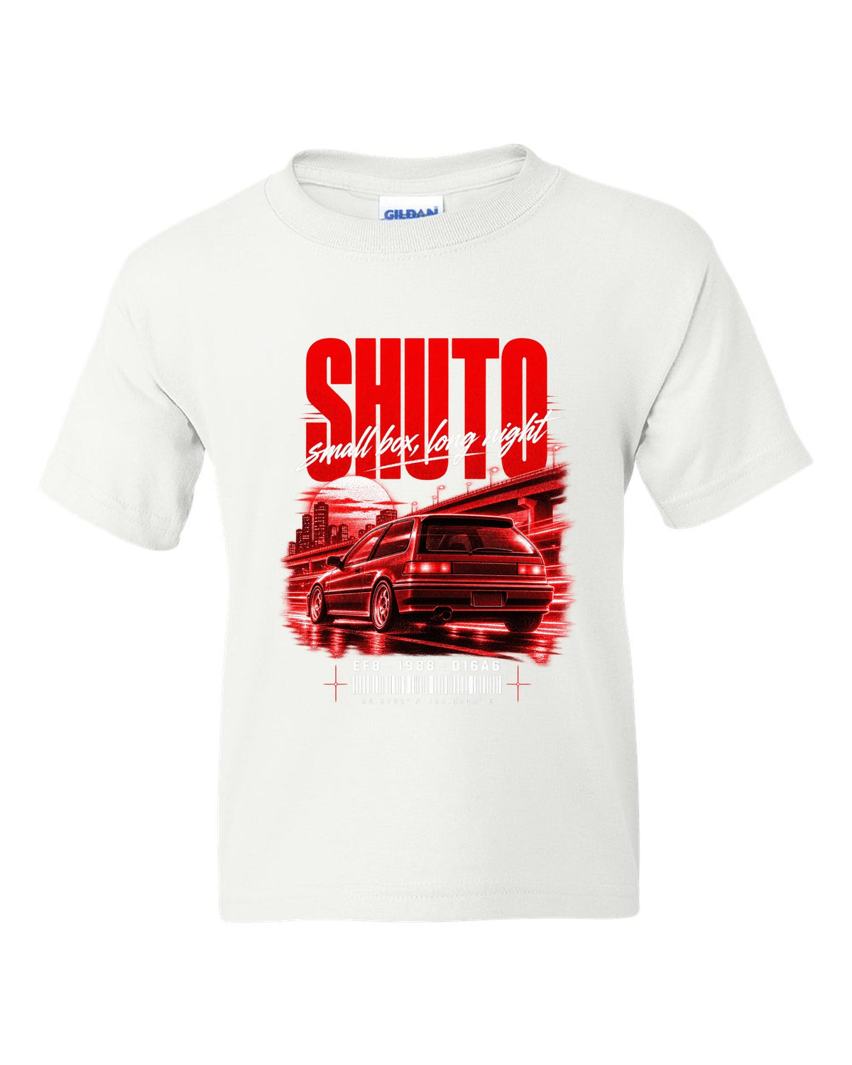 Street poster print for the 1988 Honda CRX EF8 Si with Shuto night lettering and D16A6 engine code white kids tee front view with the design