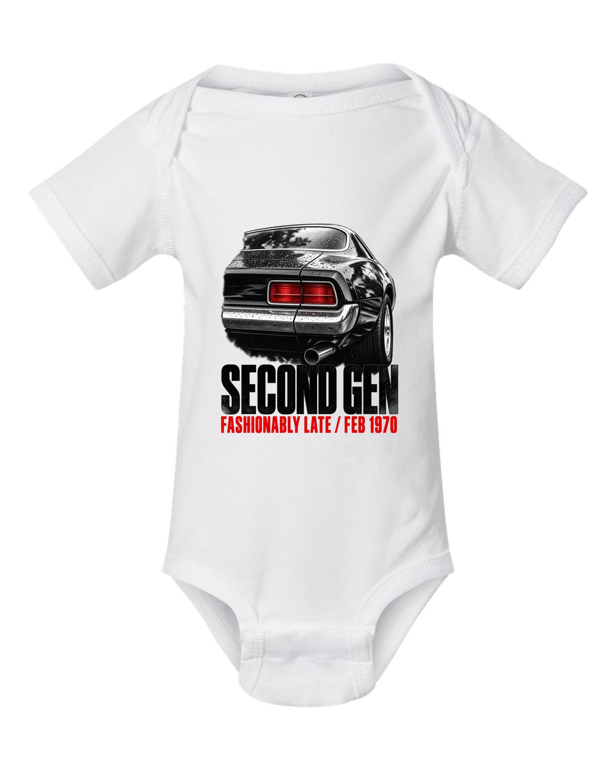 Taillight macro print of a 1970 second-gen Chevrolet Camaro split bumper with Feb 1970 caption white baby onesie front view with the design