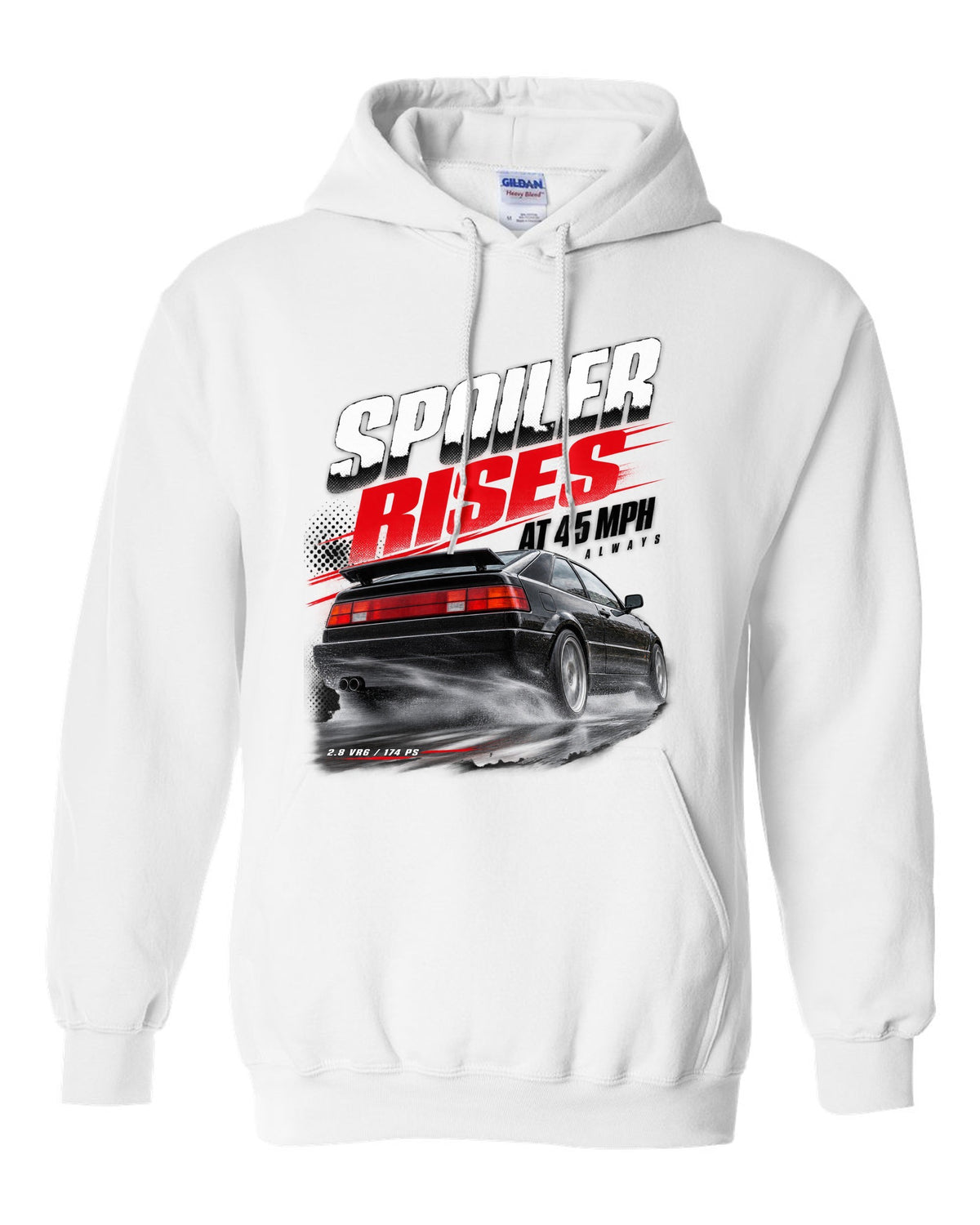 Race poster print of a VW Corrado VR6 rear three-quarter with spoiler rises at 45 mph text white pull over hoodie front view with the design