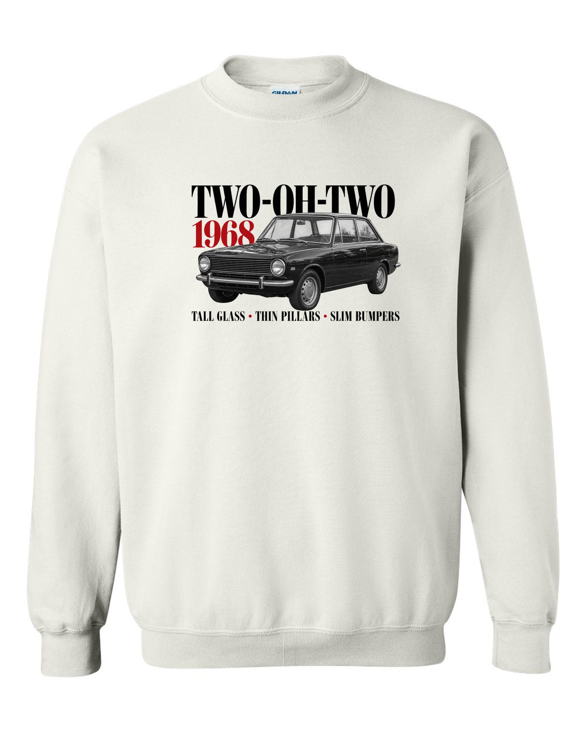 BMW 2002 editorial print with Two-Oh-Two 1968 headline and design details white crewneck front view with the design