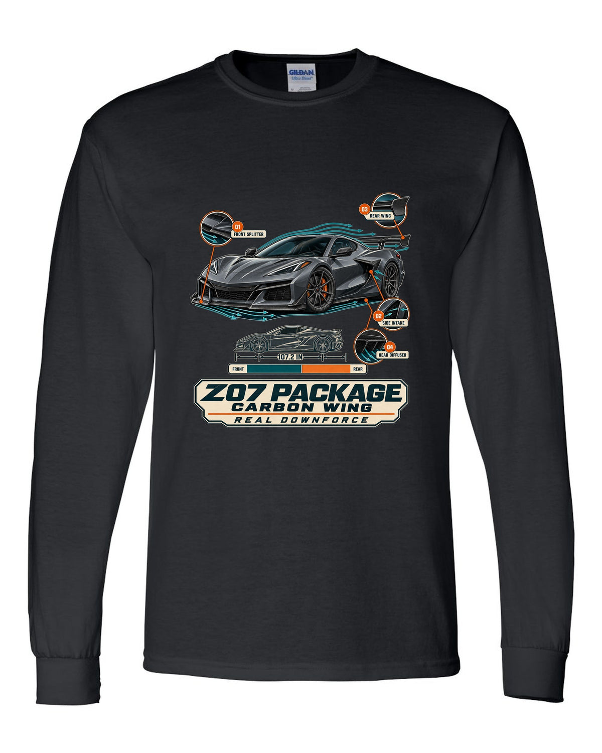 Aero callouts print of a Chevrolet Corvette C8 Z06 with Z07 package and carbon wing black long sleeve front view with the design
