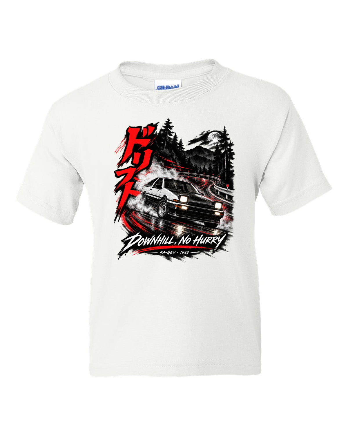 Touge night print of a Toyota Sprinter Trueno AE86 zenki with drift kanji and Downhill No Hurry text white kids tee front view with the design