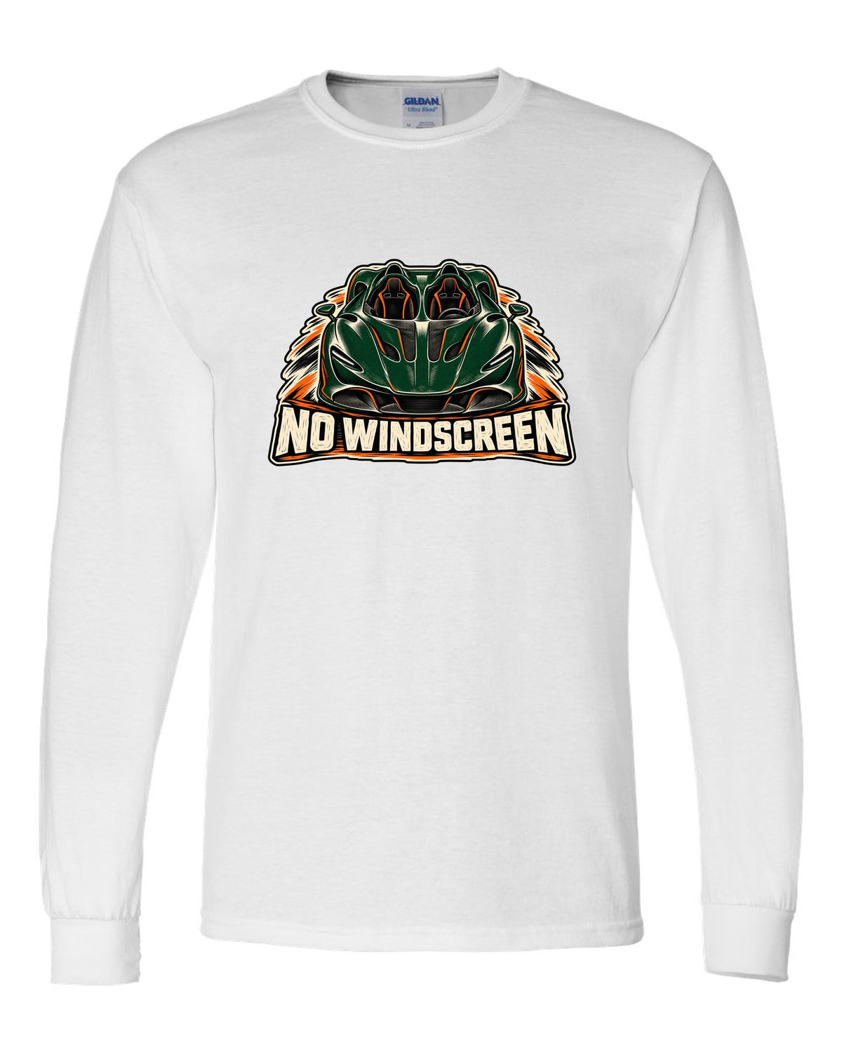 McLaren Elva linocut print with accent colour and NO WINDSCREEN lettering white long sleeve front view with the design
