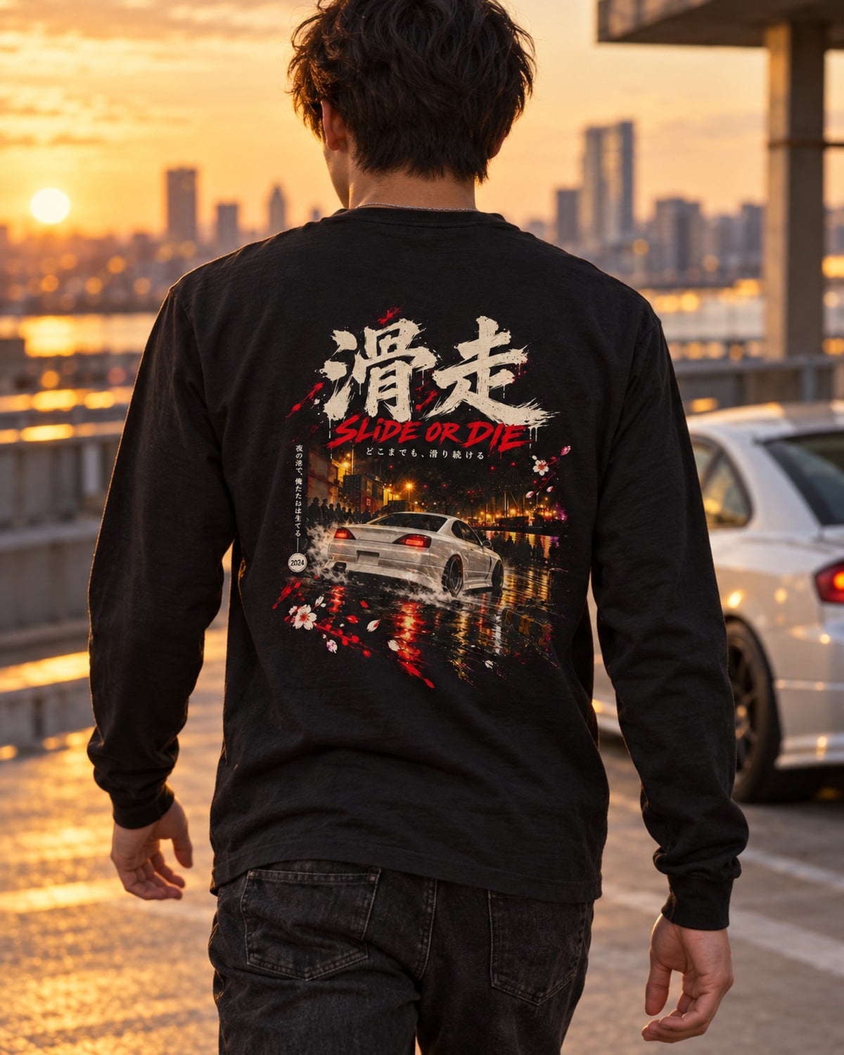 Nissan Silvia S15 Slide Or Die Shirt, Hoodie & More Long Sleeve Black worn hero