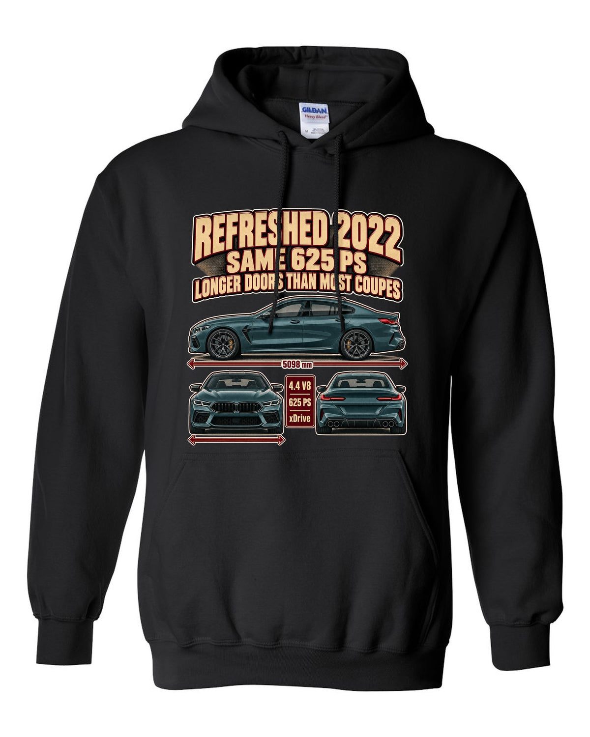 BMW M8 Competition Gran Coupe F93 2022 three-view print on a tee black pull over hoodie front view with the design
