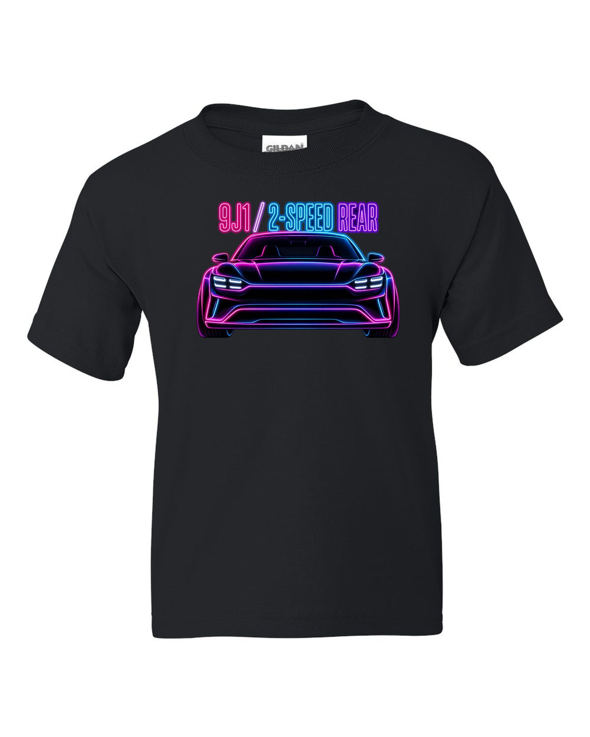 Porsche Taycan Turbo S 9J1 neon outline print with the text 9J1 2-speed rear black kids tee front view with the design