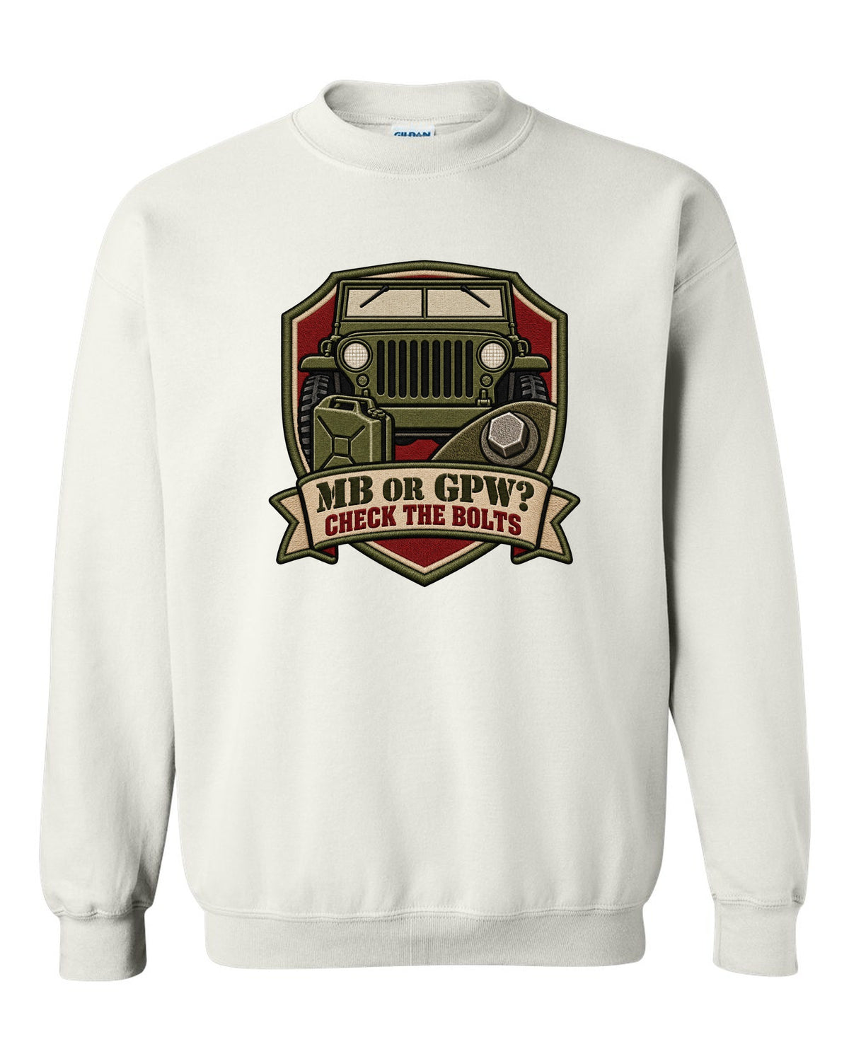 Embroidery-style service crest print of a Willys MB and Ford GPW with bolts text white crewneck front view with the design