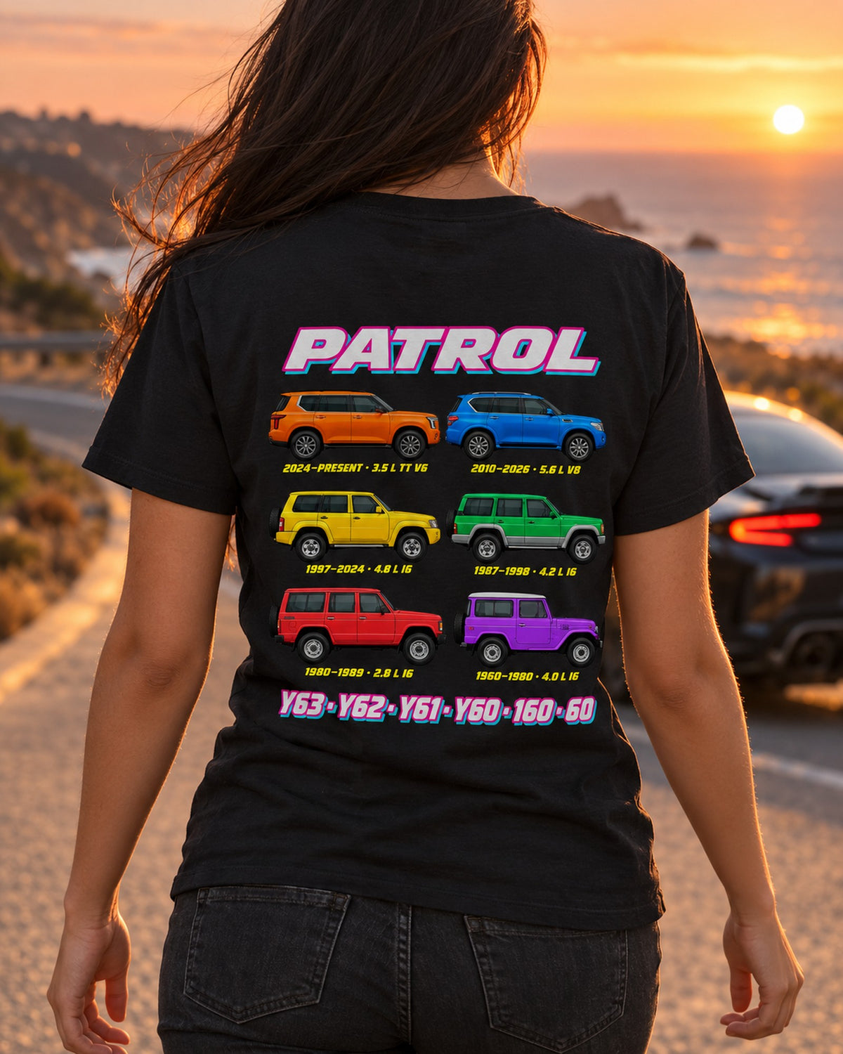 Nissan Patrol Evolution Poster Full-Back Graphic Tee T-Shirt Black worn hero