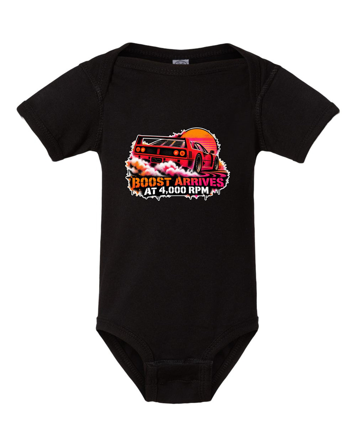 Stencil spray street-art print of a 1987 Ferrari F40 F120 with burnout and boost at 4,000 rpm text black baby onesie front view with the design