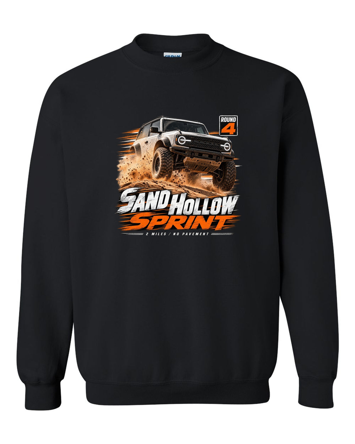 Jeep Wrangler JL dune sprint race poster print with Sand Hollow text black crewneck front view with the design