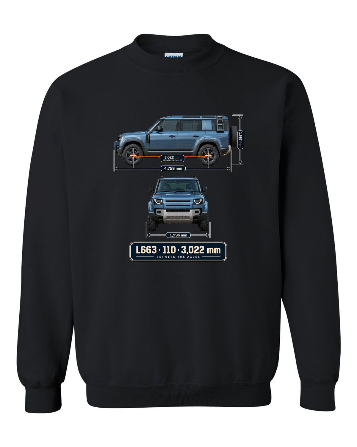 Dimension blueprint print of the Land Rover Defender 110 L663 with wheelbase black crewneck front view with the design