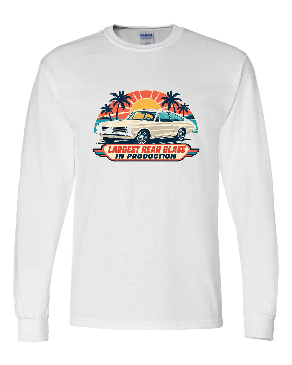 Mid-century travel poster print of a 1965 Plymouth Barracuda fastback white long sleeve front view with the design