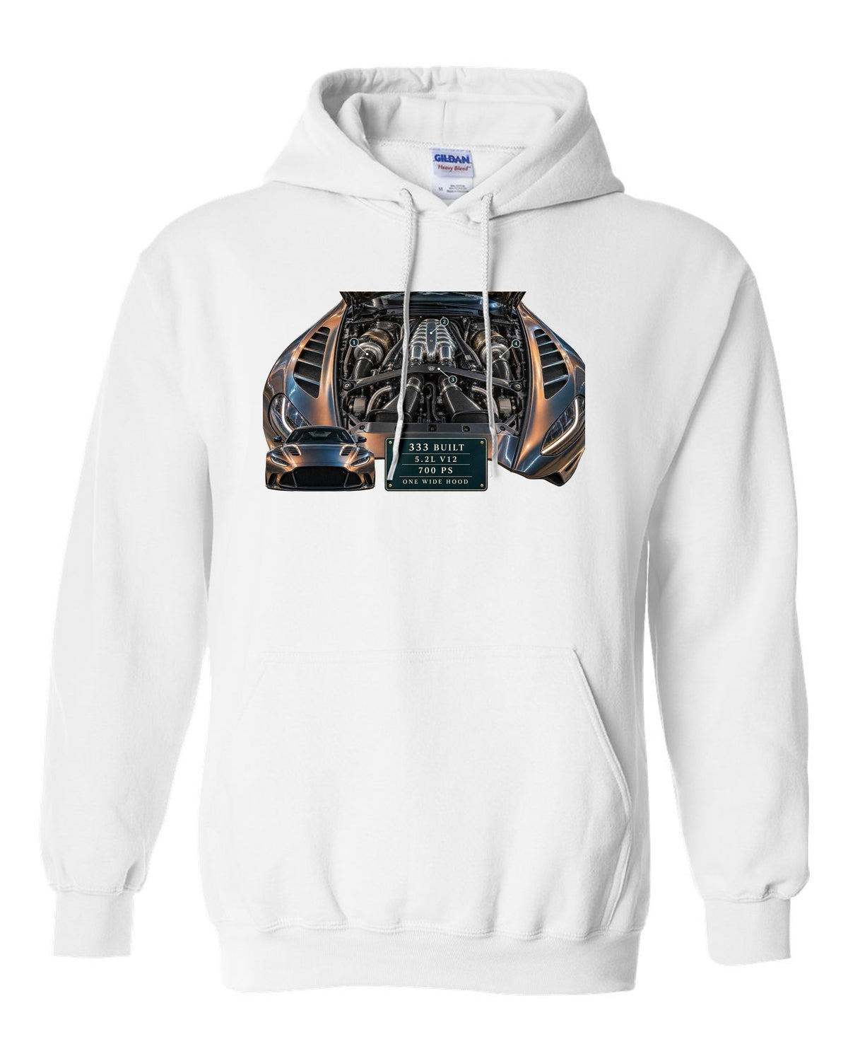 Aston Martin V12 Vantage 2022 engine hero print with 333 built 5.2L V12 700 PS text white pull over hoodie front view with the design