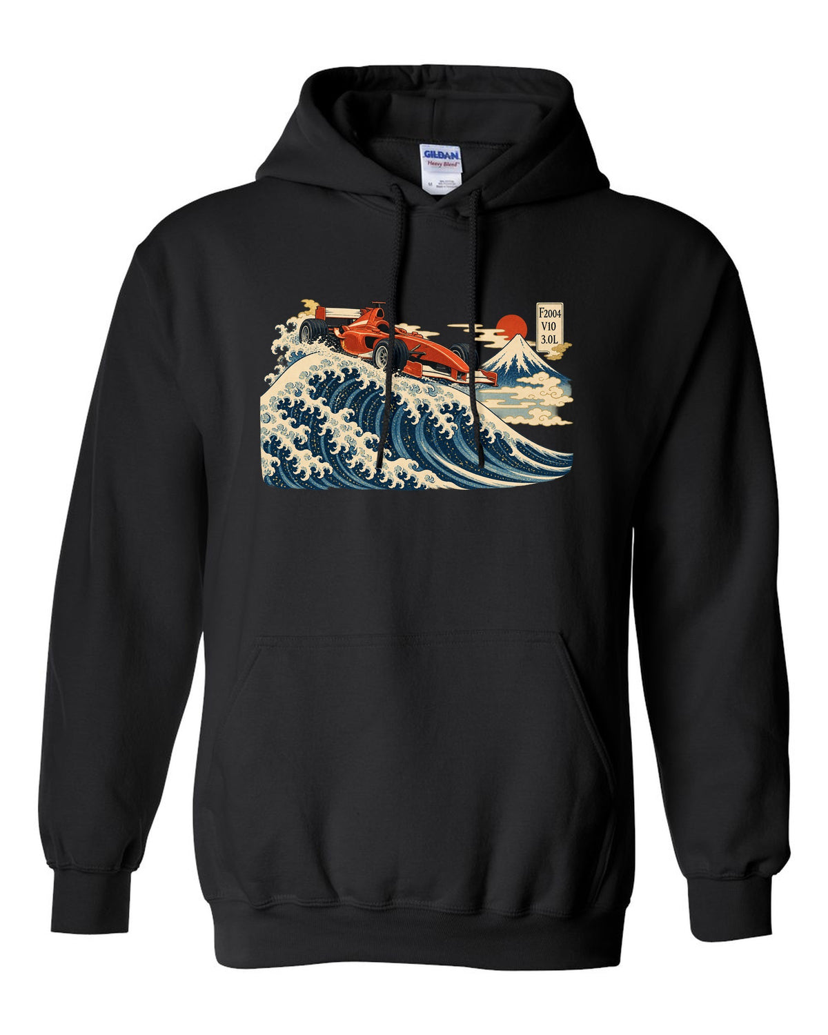 Woodblock print style Ferrari F2004 Formula 1 car in front of a wave with V10 lettering black pull over hoodie front view with the design