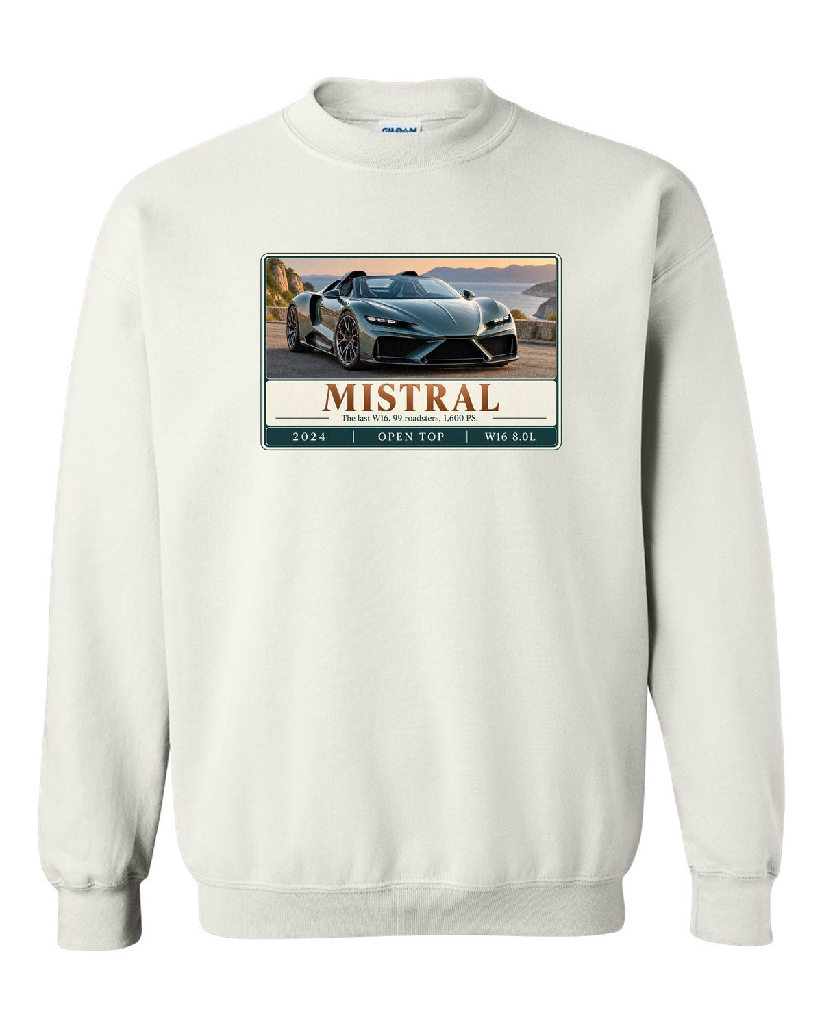 Bugatti Mistral roadster editorial headline print about the last W16 white crewneck front view with the design