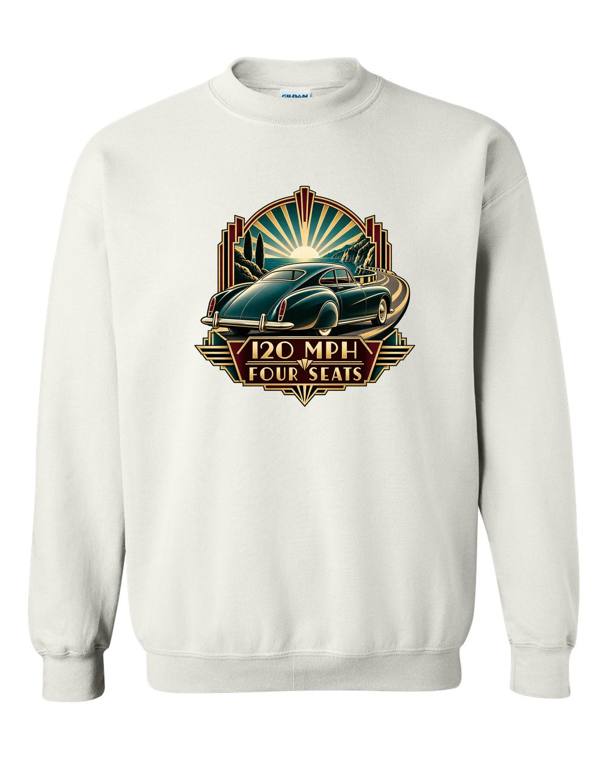 Synthwave outrun print of a 1982 Bentley Mulsanne Turbo with 120 mph and four seats lettering white crewneck front view with the design