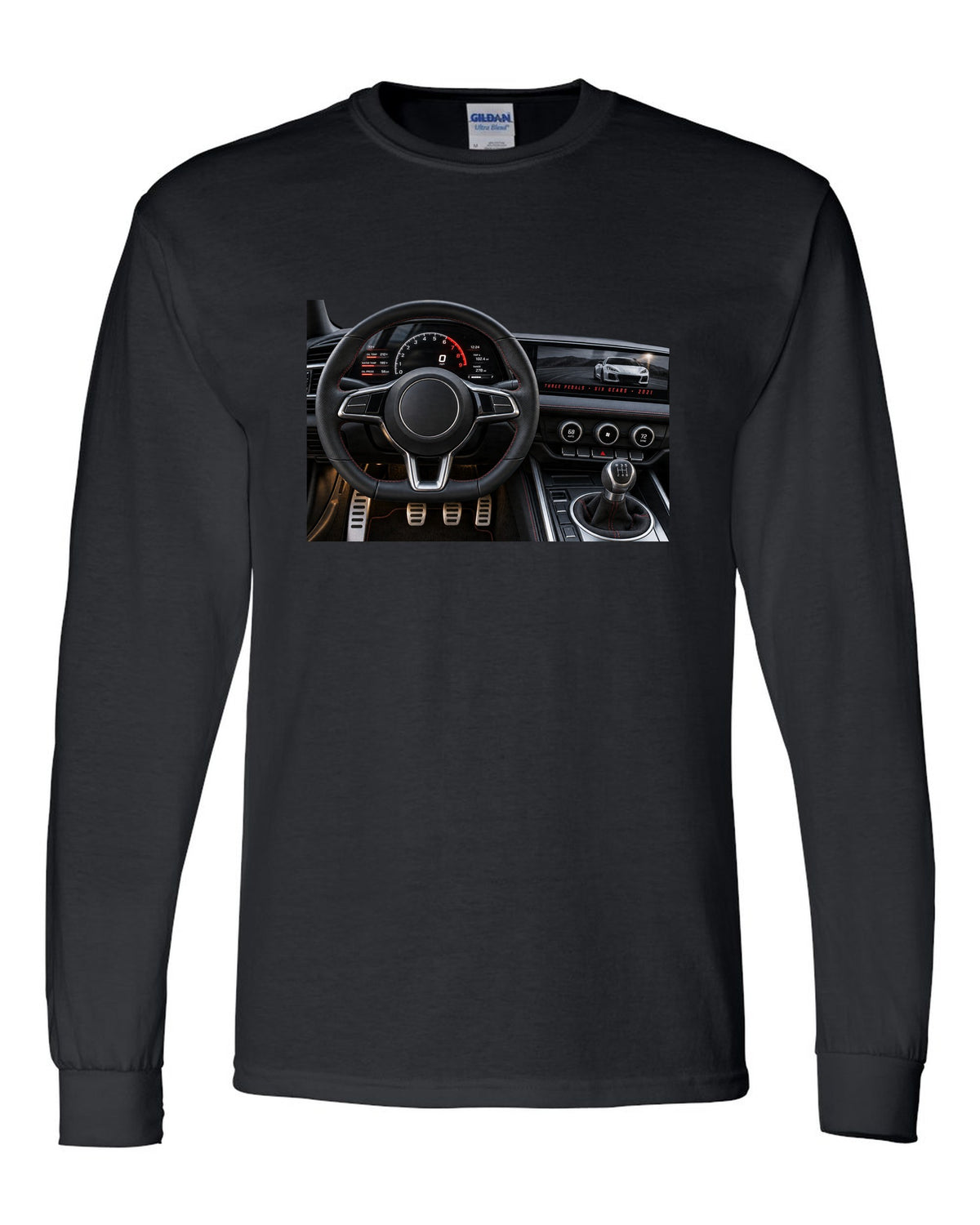 BMW G80 M3 cockpit gauge print with three pedals six gears lettering black long sleeve front view with the design