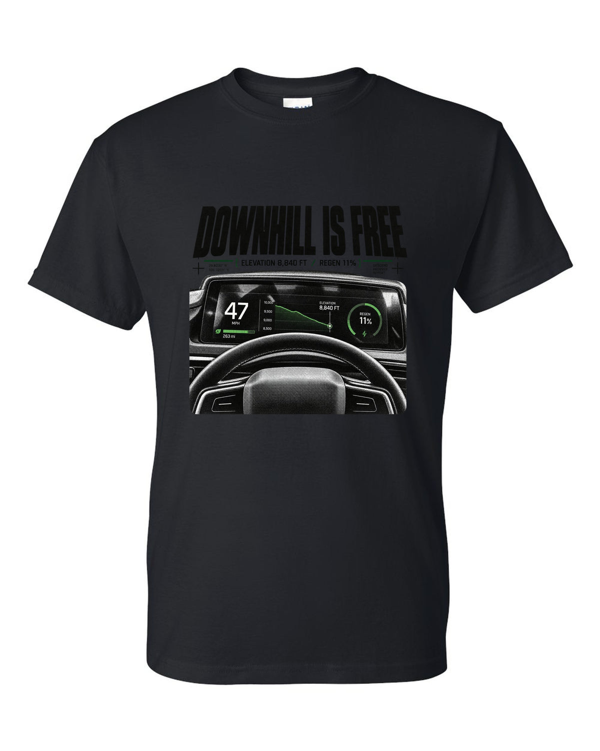 Rivian R1T 2022 cockpit gauge readout with downhill is free, elevation 8,840 ft and regen 11% black t-shirt front view with the design